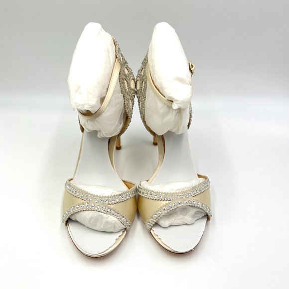 Badgley Mischka‎ Size 8 Roxy Jeweled Ivory Satin Open Toe Heels Pumps Shoes - Picture 2 of 13